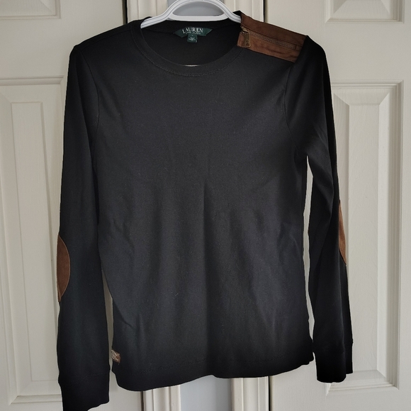 Lauren Ralph Lauren Black Long Sleeve Jersey Top With Suede Elbow Patches L - Picture 1 of 8